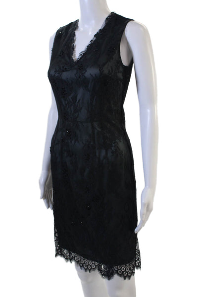 Elie Tahari Women Sheath Dress Black V-Neck Sleeveless Floral Silk Size 0