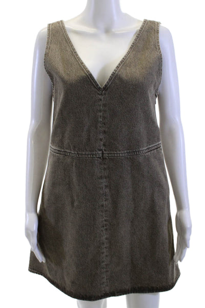 Toccin Women Overall Dress Brown Denim V-Neck Sleeveless Zip 90s Size S