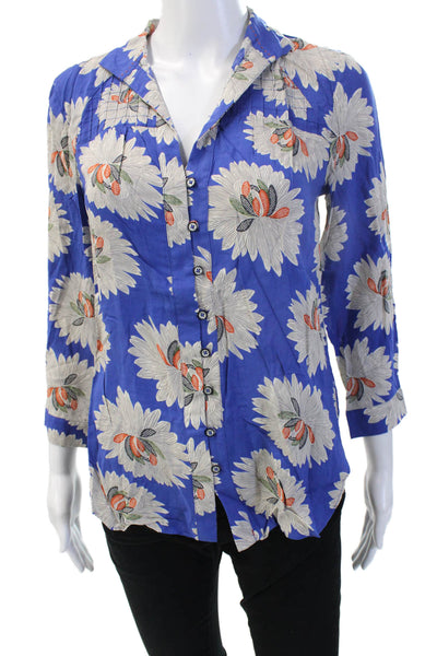 Anthropologie Women Blue Floral 3/4 Sleeve Button-Up Rayon Blouse Size 2