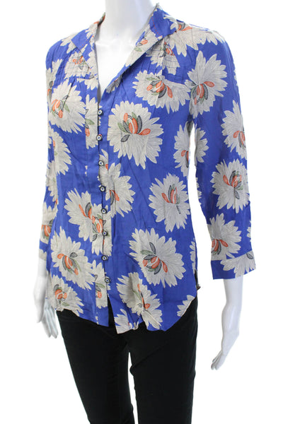 Anthropologie Women Blue Floral 3/4 Sleeve Button-Up Rayon Blouse Size 2
