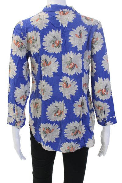 Anthropologie Women Blue Floral 3/4 Sleeve Button-Up Rayon Blouse Size 2
