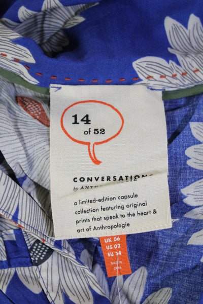 Anthropologie Women Blue Floral 3/4 Sleeve Button-Up Rayon Blouse Size 2