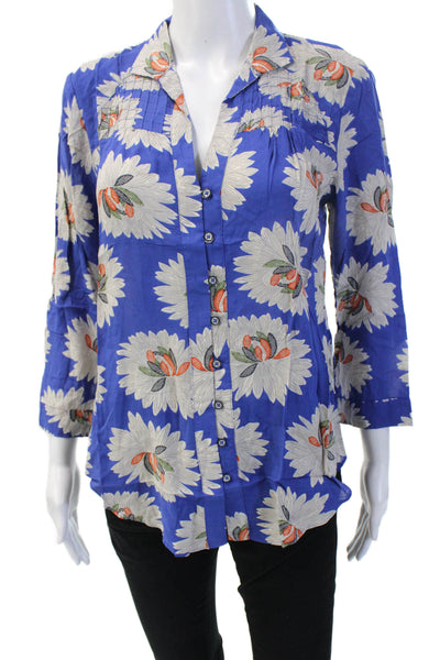 Anthropologie Womens Tunic Blouse Blue Floral Rayon 3/4 Sleeve Size 4