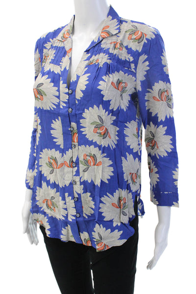 Anthropologie Womens Tunic Blouse Blue Floral Rayon 3/4 Sleeve Size 4