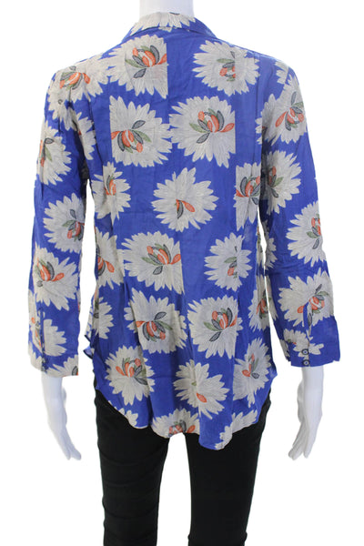 Anthropologie Womens Tunic Blouse Blue Floral Rayon 3/4 Sleeve Size 4