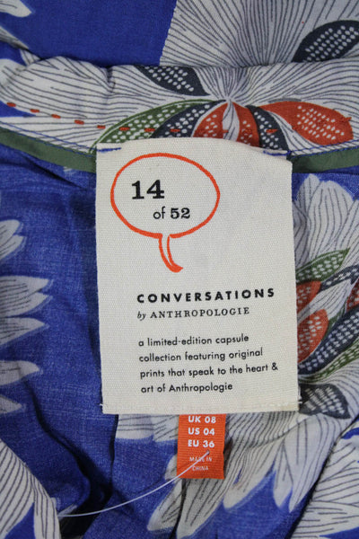 Anthropologie Womens Tunic Blouse Blue Floral Rayon 3/4 Sleeve Size 4