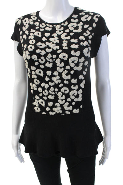 Rebecca Taylor Women Leopard Print Cap Sleeve Crewneck Top Black Zip Size M