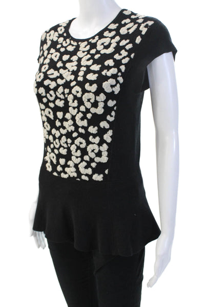Rebecca Taylor Women Leopard Print Cap Sleeve Crewneck Top Black Zip Size M