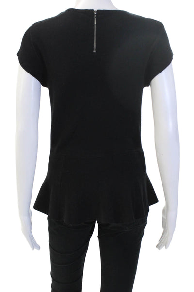 Rebecca Taylor Women Leopard Print Cap Sleeve Crewneck Top Black Zip Size M