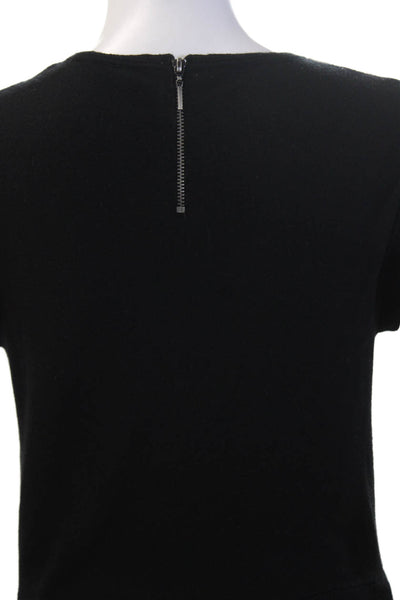 Rebecca Taylor Women Leopard Print Cap Sleeve Crewneck Top Black Zip Size M