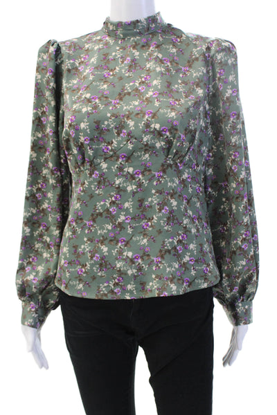 ASTR, Womens Blouse Green Floral High Neck Tie Long Sleeve Size M