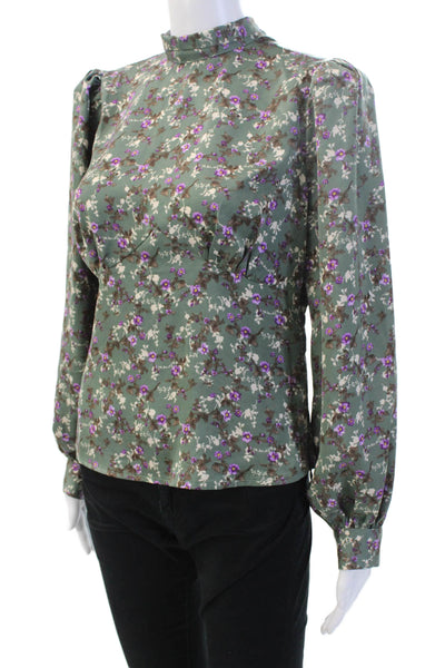 ASTR, Womens Blouse Green Floral High Neck Tie Long Sleeve Size M