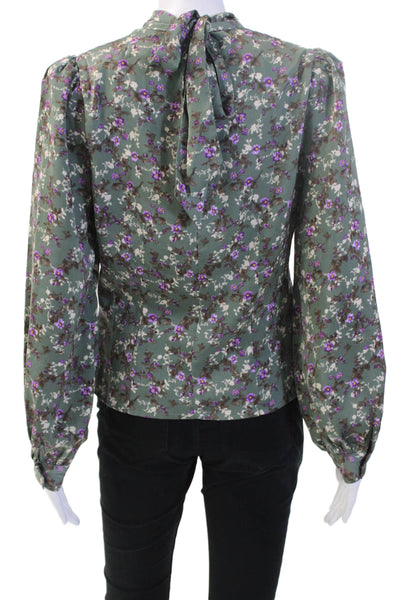 ASTR, Womens Blouse Green Floral High Neck Tie Long Sleeve Size M