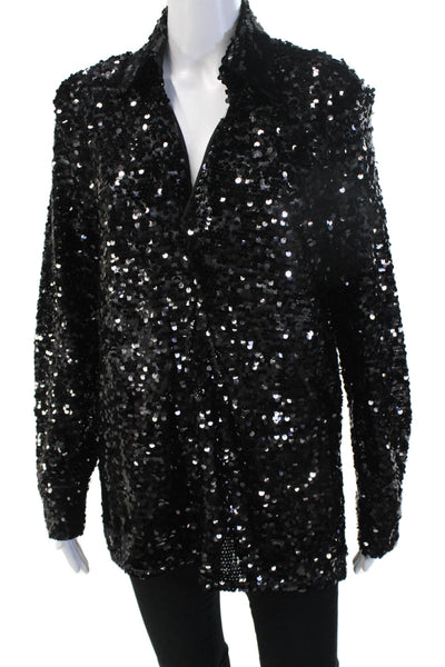 Zara Women Black Collared Long Sleeve Button-Up Blouse 100% Polyester Size S