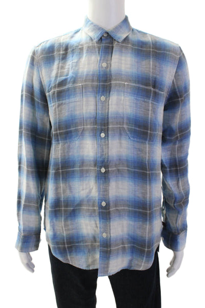 7 For All Mankind Mens Linen Plaid Long Sleeve Button-Down Shirt Blue Size M
