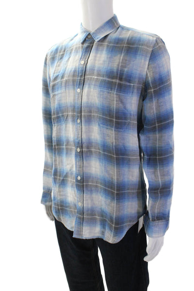 7 For All Mankind Mens Linen Plaid Long Sleeve Button-Down Shirt Blue Size M