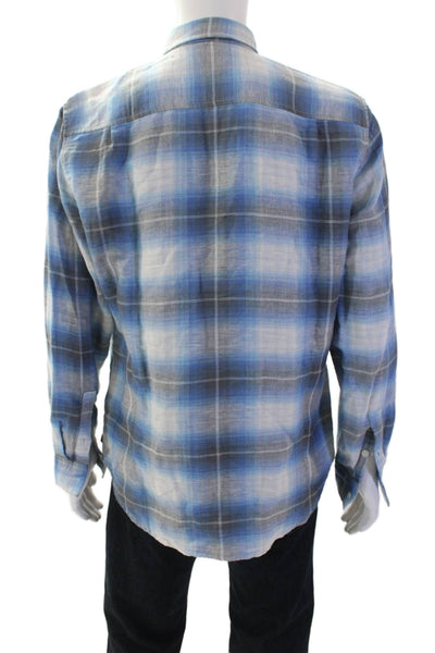 7 For All Mankind Mens Linen Plaid Long Sleeve Button-Down Shirt Blue Size M