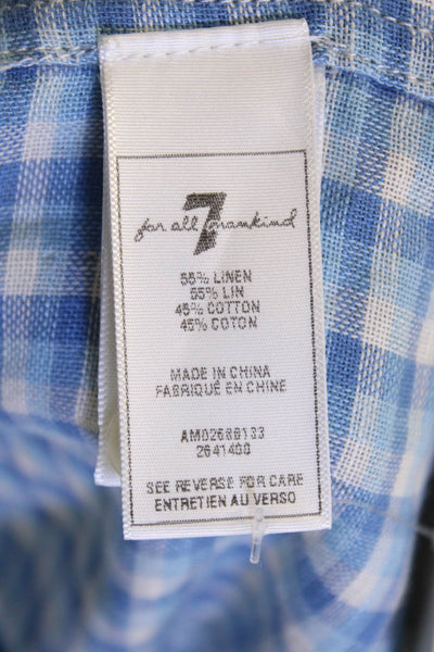 7 For All Mankind Mens Linen Plaid Long Sleeve Button-Down Shirt Blue Size M