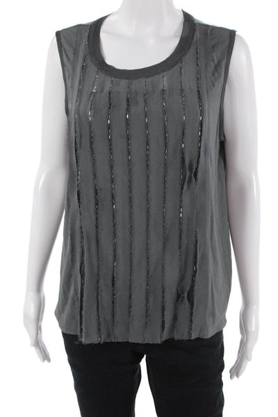 Elie Tahari Women Striped Dark Gray Cotton-Blend Sleeveless Basic Tank Size L