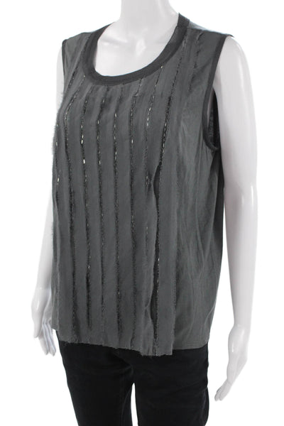 Elie Tahari Women Striped Dark Gray Cotton-Blend Sleeveless Basic Tank Size L