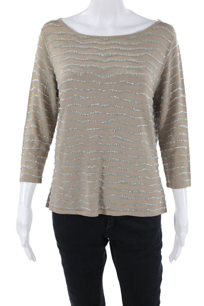Carmen Marc Valvo Womens Striped Beige 3/4 Sleeve Round Neck Blouse Size XL