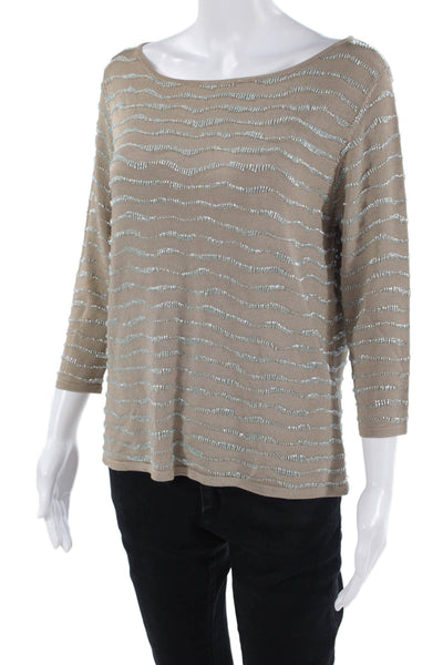 Carmen Marc Valvo Womens Striped Beige 3/4 Sleeve Round Neck Blouse Size XL