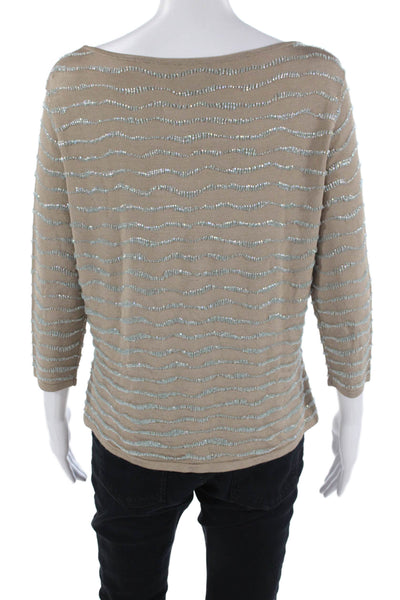 Carmen Marc Valvo Womens Striped Beige 3/4 Sleeve Round Neck Blouse Size XL