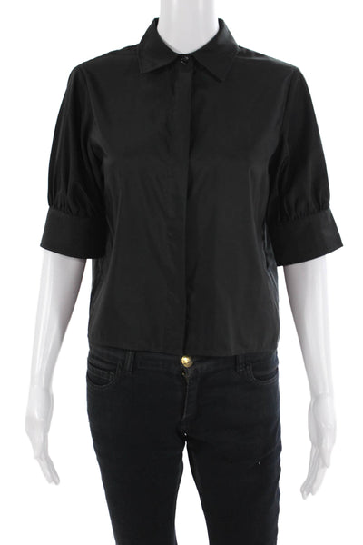 Zara Women Basic Button-Up Blouse Black Collared Short Sleeve Size S