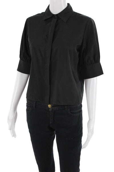 Zara Women Basic Button-Up Blouse Black Collared Short Sleeve Size S