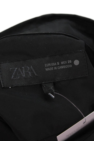 Zara Women Basic Button-Up Blouse Black Collared Short Sleeve Size S