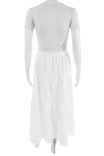 Designer Womens White Peasant Midi Skirt Polyester Cotton Size 2XS