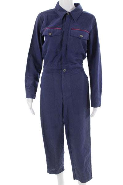 Designer Women Collared Long Sleeve Cotton Jumpsuit Dark Blue Size XS