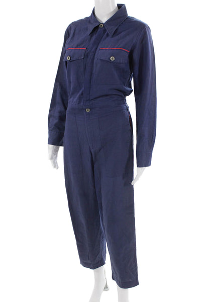 Designer Women Collared Long Sleeve Cotton Jumpsuit Dark Blue Size XS