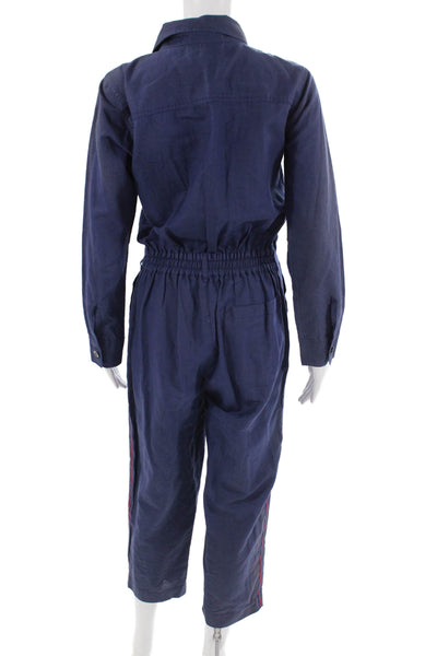 Designer Women Collared Long Sleeve Cotton Jumpsuit Dark Blue Size XS