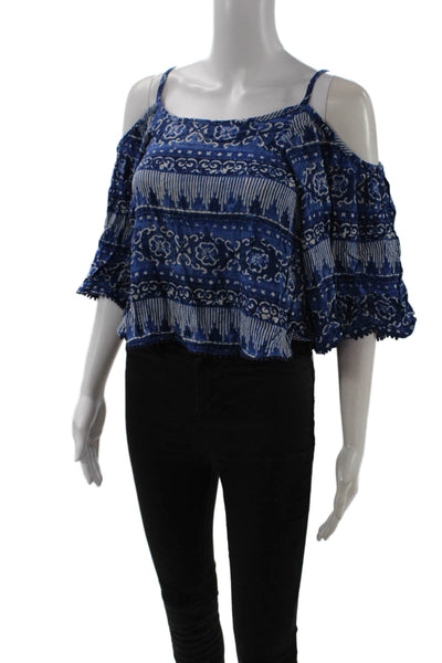 House of Harlow 1960 Women Cropped Geometric Rayon Blouse Blue Size XS