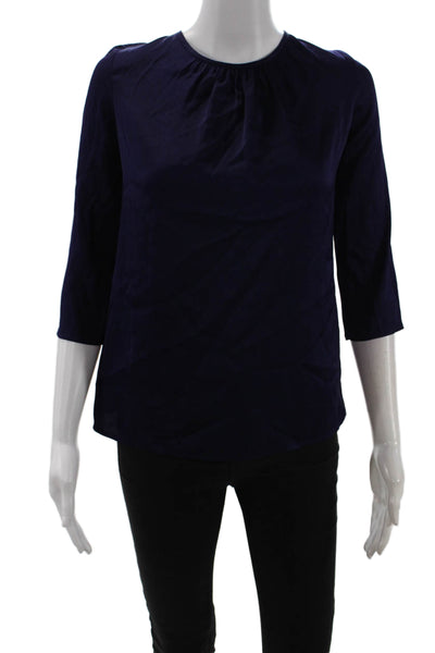 Trina Turk Women Dark Blue 3/4 Sleeve Round Neck Blouse Silk Blend Size XS