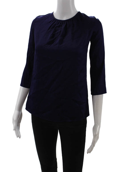 Trina Turk Women Dark Blue 3/4 Sleeve Round Neck Blouse Silk Blend Size XS