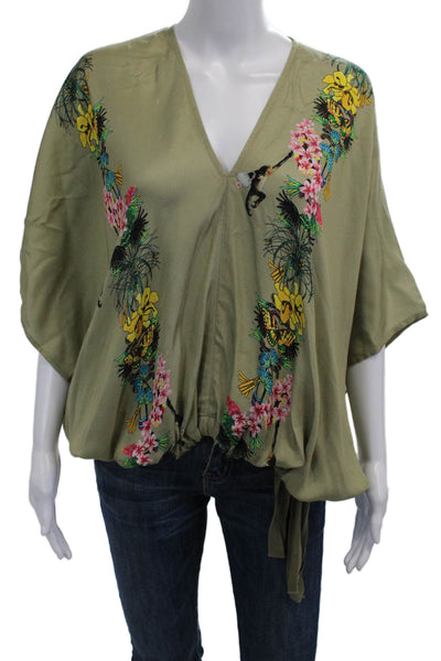 Tricot Chic Women Kimono Blouse Green V-Neck Sleeveless Floral Size 4