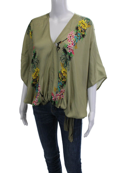 Tricot Chic Women Kimono Blouse Green V-Neck Sleeveless Floral Size 4