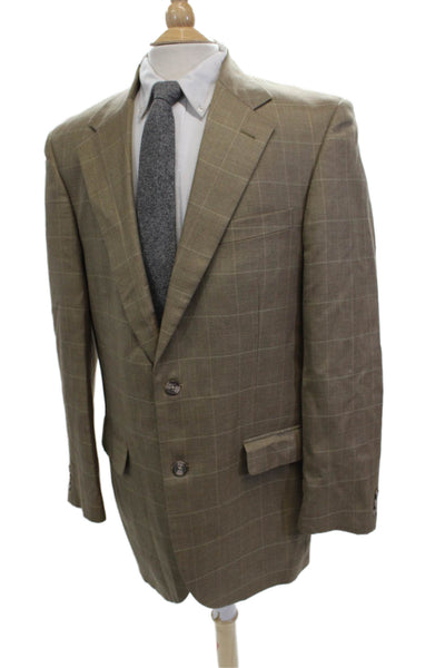 Alan Flusser Mens Beige Check Sport Coat 52% Silk 48% Wool Size 42