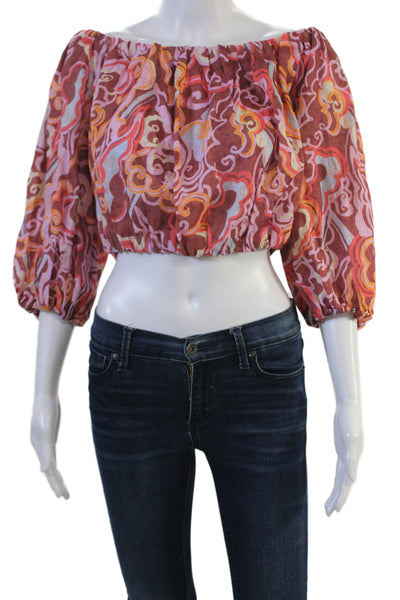 ALC Women Cropped Paisley Linen Blouse 3/4 Sleeve Brown Bohemian Size M