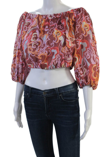 ALC Women Cropped Paisley Linen Blouse 3/4 Sleeve Brown Bohemian Size M