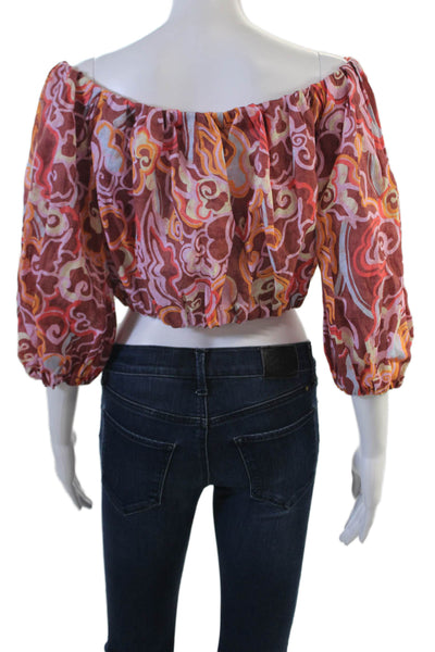 ALC Women Cropped Paisley Linen Blouse 3/4 Sleeve Brown Bohemian Size M