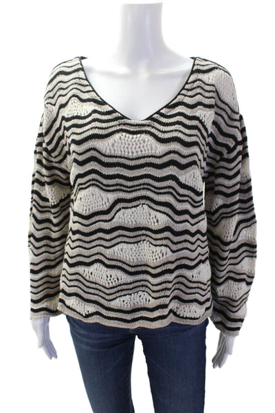 Aldo Martins Women Beige Striped V-Neck Pullover Sweater Long Sleeve Size S