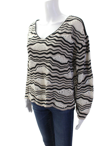 Aldo Martins Women Beige Striped V-Neck Pullover Sweater Long Sleeve Size S
