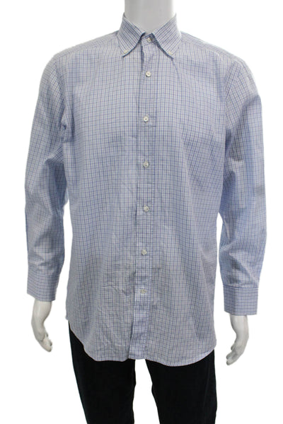 Bergdorf Goodman Mens Button Front Collared Plaid Shirt Blue White Size Medium