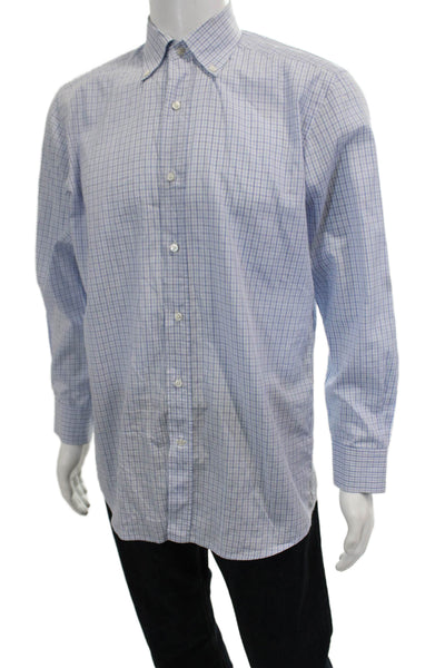 Bergdorf Goodman Mens Button Front Collared Plaid Shirt Blue White Size Medium