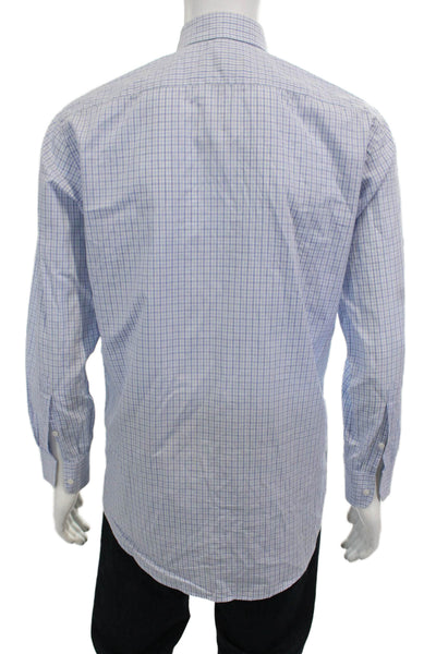 Bergdorf Goodman Mens Button Front Collared Plaid Shirt Blue White Size Medium