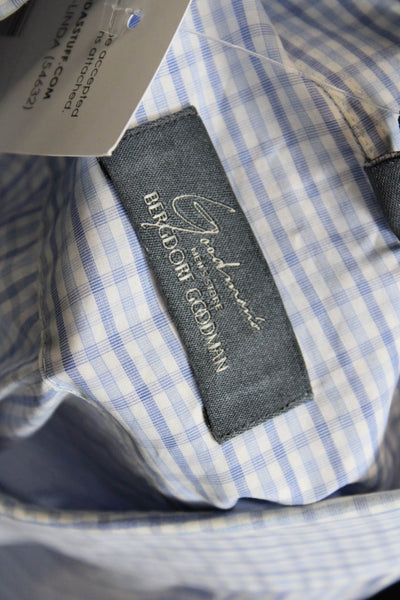 Bergdorf Goodman Mens Button Front Collared Plaid Shirt Blue White Size Medium