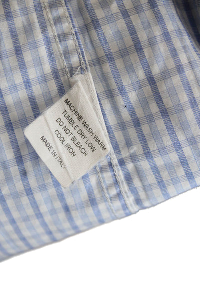 Bergdorf Goodman Mens Button Front Collared Plaid Shirt Blue White Size Medium